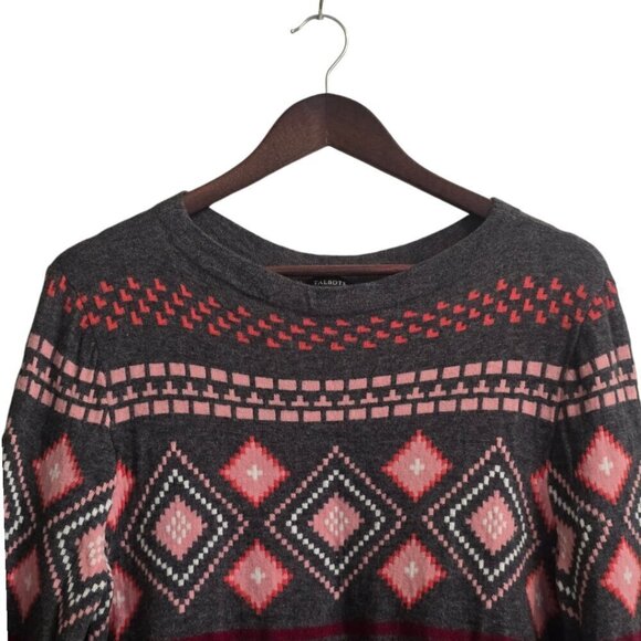 Talbots Gray Aztec Argyle Lambswool Blend Crewneck Sweater Sz L - Picture 2 of 6